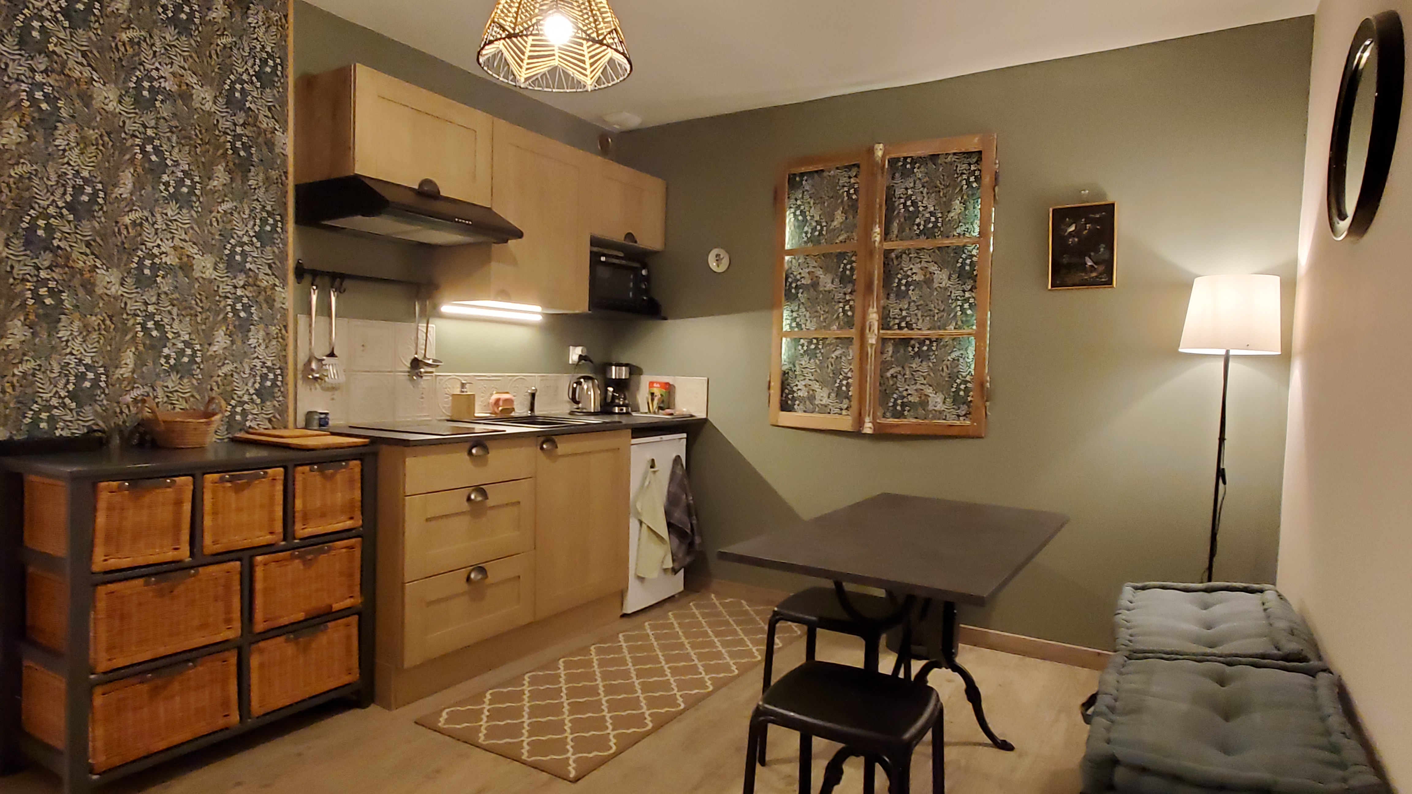 Kitchenette avec four, micro-ondes, plaque à induction, cafetière et bouilloire